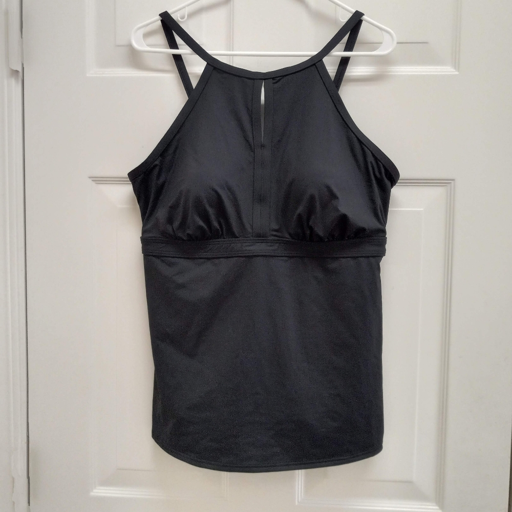 Lands End Tankini Swim Top Keyhole High Neck Black 16L Padded UPF Modest